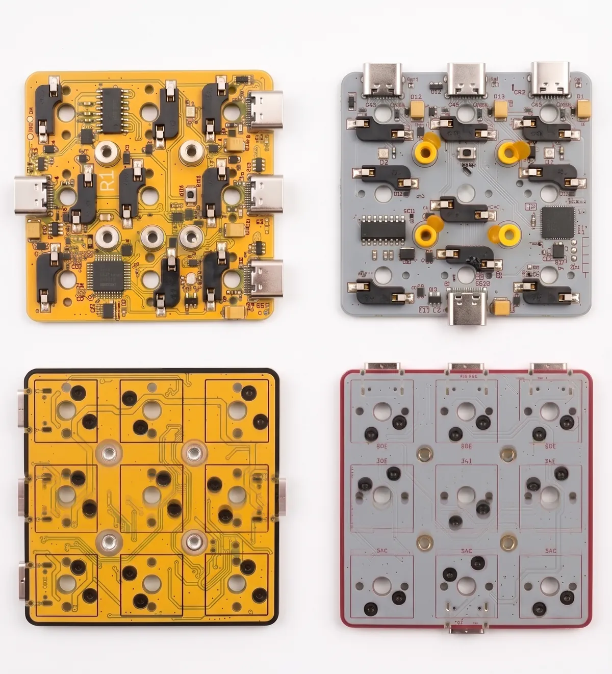 PCB designs — grey solder mask, red silkscreen